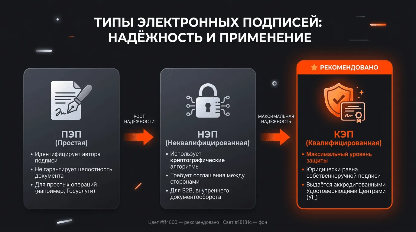 Три вида электронной подписи: ПЭП, НЭП и КЭП