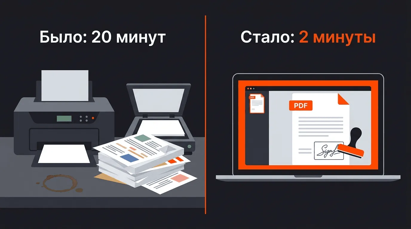 Сравнение: бумажное подписание за 20 минут и электронное за 2 минуты