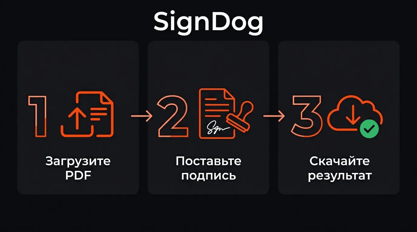 Три шага подписания в SignDog: загрузить, подписать, скачать